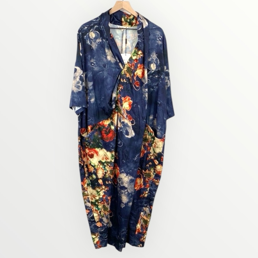 Buykud Dress Women’s XL‎ Blue Floral Lagenlook Art to Wear Abstract Midi length